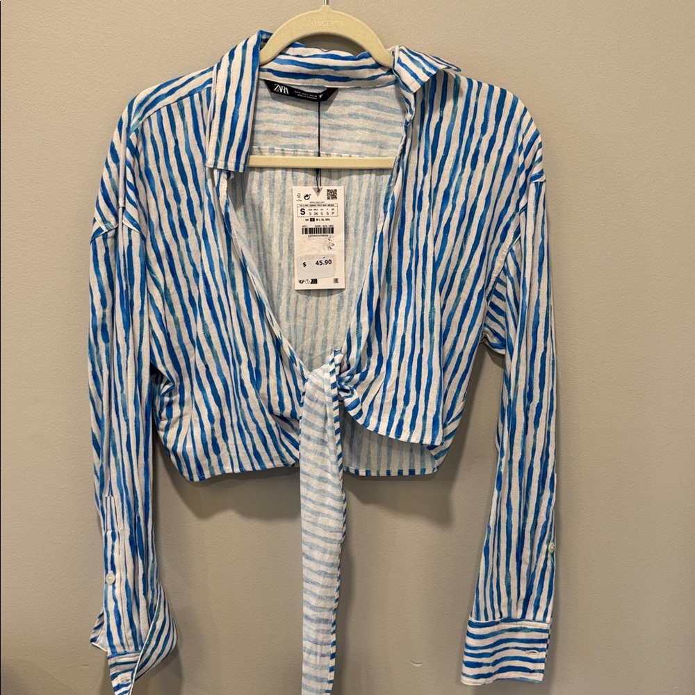 ZARA WOMEN WHITE/BLUE LINEN BLEND WITH STRIPES TIE KNOT BLOUSE SIZE S NWT